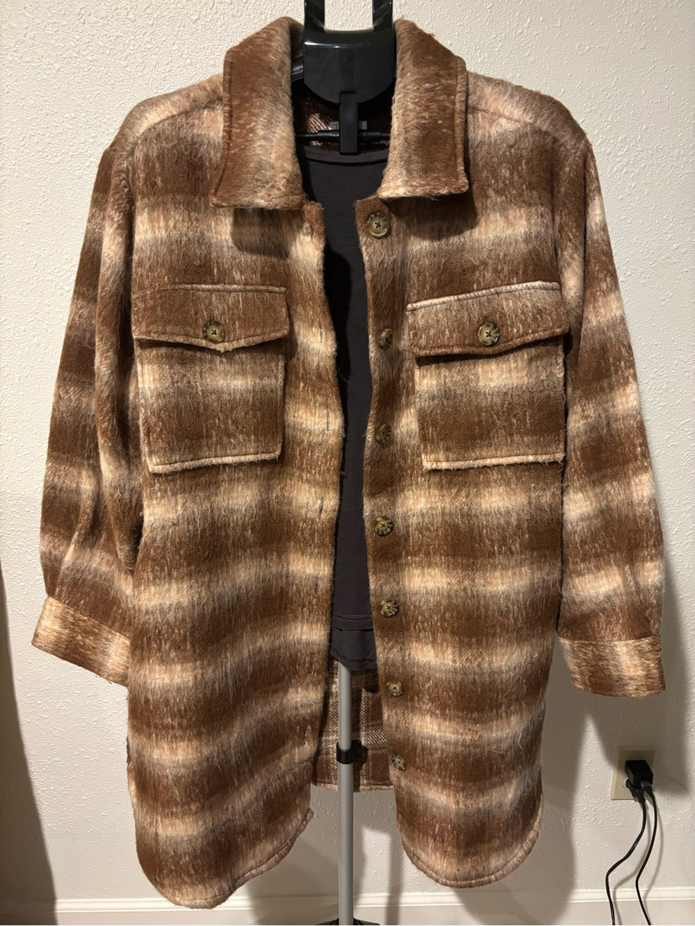 Time and Tru Brown Striped Plaid Shacket